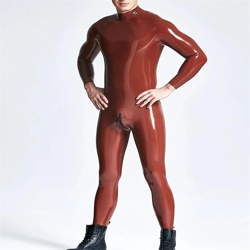 

Handmade Double Shoulders Zipper Men's Full Body Design Sexy Latex Tight Jumpsuit Rubber Catsuit Clothing NO Crotch Zip