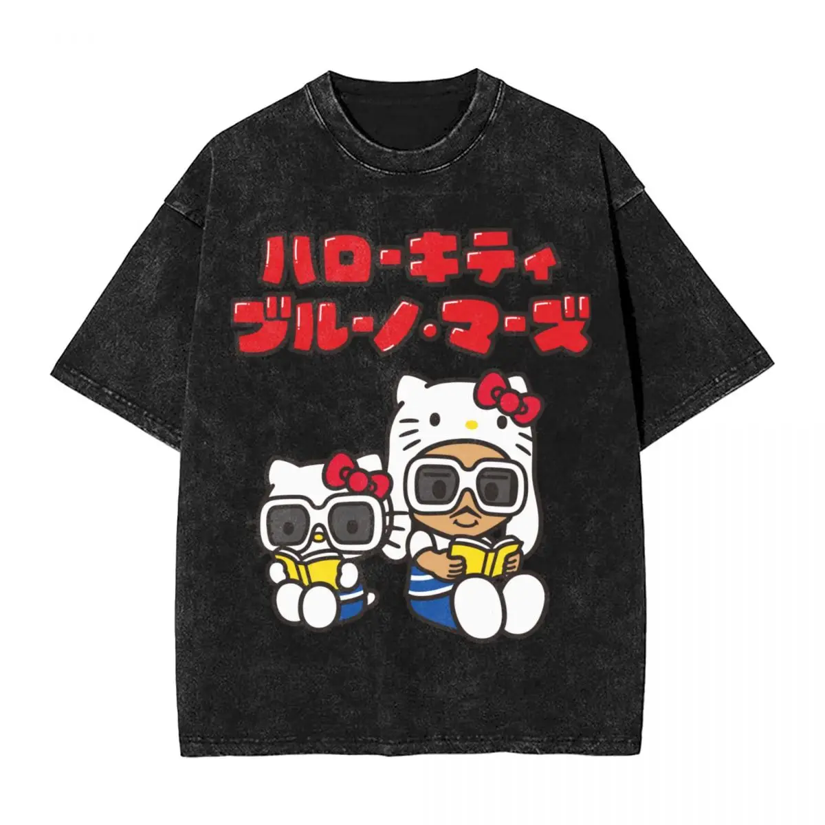 BRUNO MARS And HELLO KITTY COLLABORATION Washed T Shirt Men Y2K Retro Cotton T-Shirts Beach Harajuku Tees Oversized Clothes