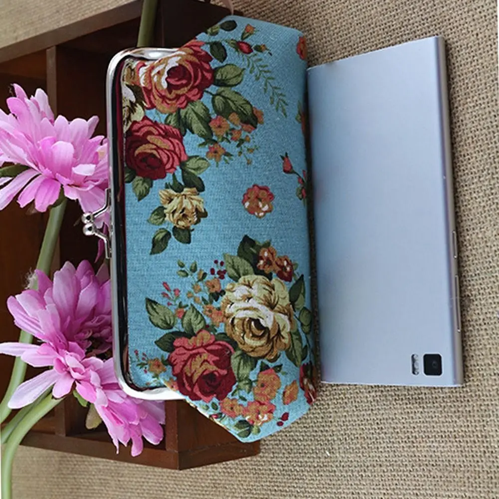 Portable Retro Long Kiss Lock Wallet Floral Vintage Flower Coin Purse Credit Card Holder Small Wallet Money Clutch Bag Women