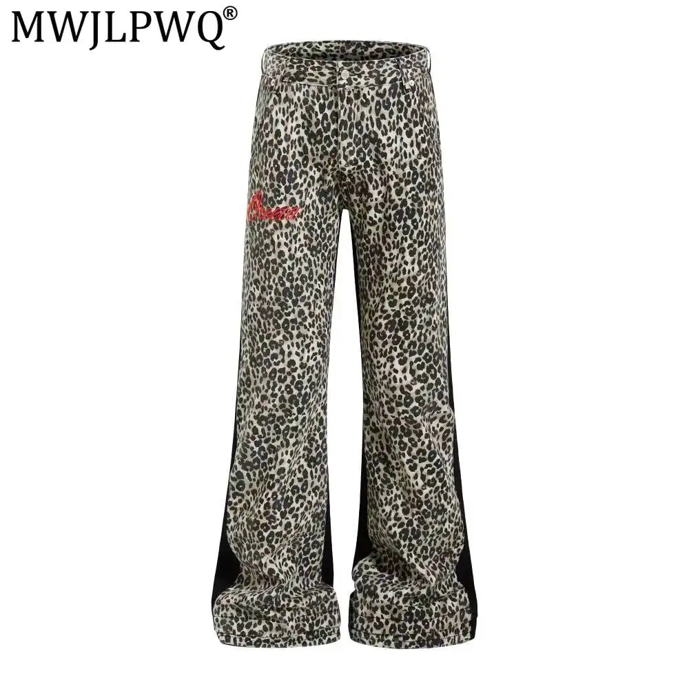 MWJLPWQ Retro Leopard Print Flared Jeans Men's Design American Style Loose Fit Casual Unique Niche Denim Wide-Leg Trousers 15330