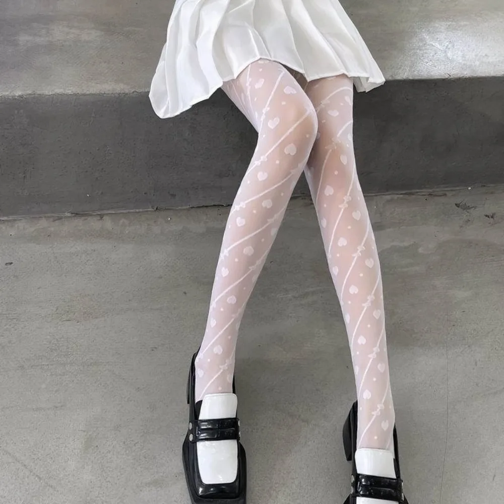 

Fashion Bowknot Heart Long Tights Transparent Ultra-thin Mesh Pantyhose Harajuku Lolita JK Stripe Dot Stockings Lady