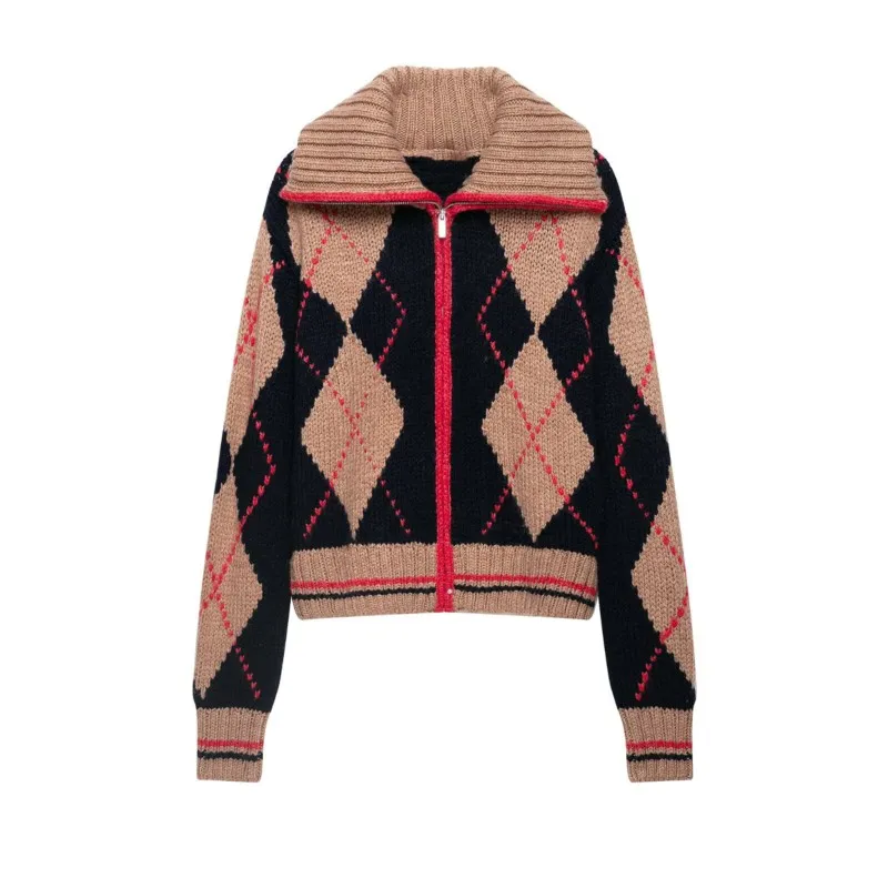 Women's Winter Thick Edition Diamond patterned knitted jacket Long Sleeve Loose Coat Female Casual Fashion Top