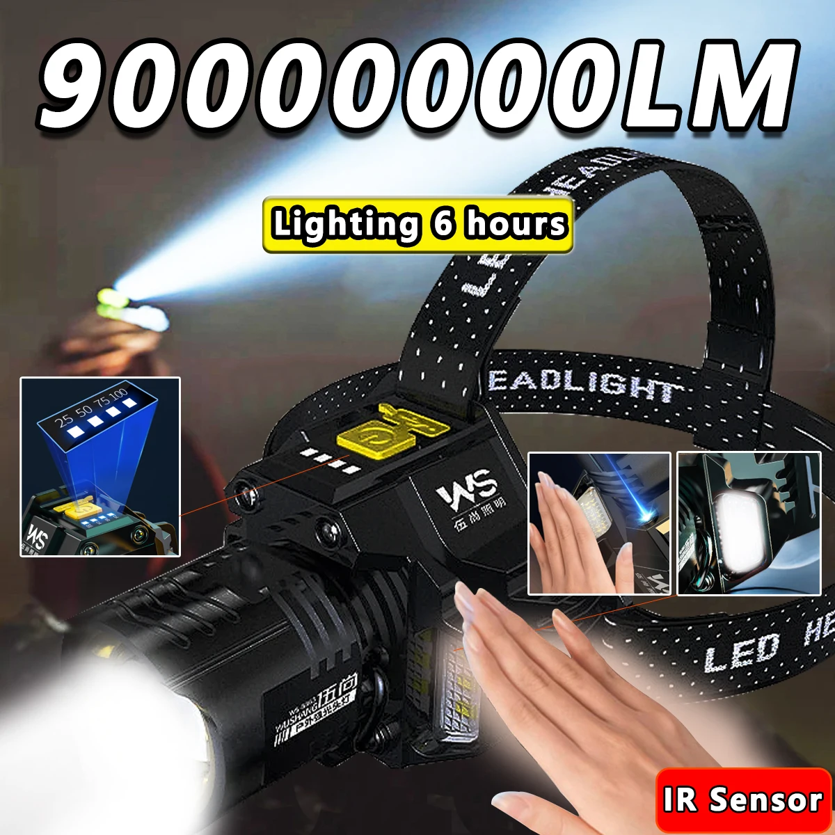 كشافات LED قوية قابلة لإعادة الشحن مع مصباح أمامي تلسكوبي قابل للتكبير - مصباح رأس عمل عالي التجويف مقاوم للماء في الهواء الطلق #1