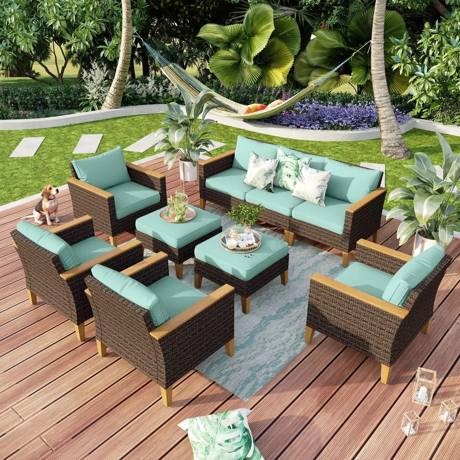 

9 Seat Wicker Patio Furniture Set, All-Weather Extra Large Rattan Patio Conversation Set, Armrest Chair, Sofa, Ottoman