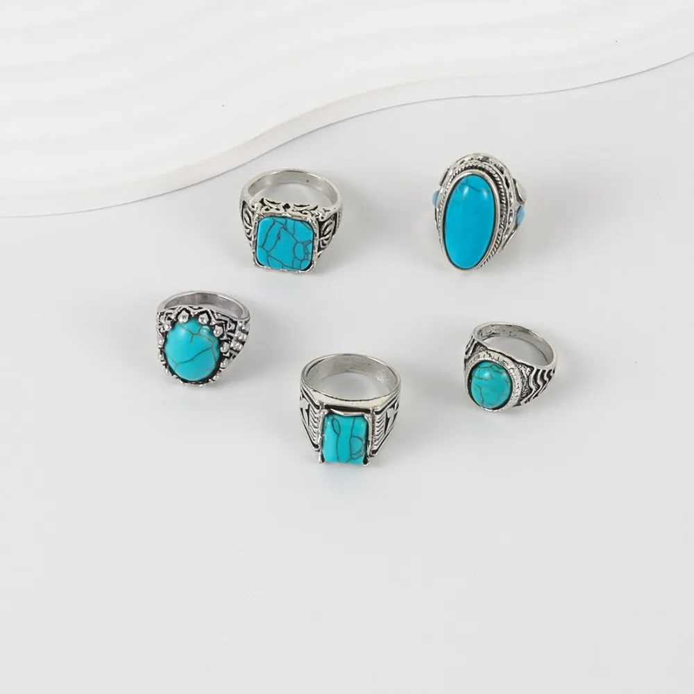 Creative Antique Western Country Ring Alloy Jewelry Turquoise Ring Fashion Square Vintage Ring Girls