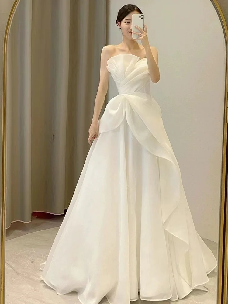 

Charming Strapless White Chiffon Wedding Dresses Simple Sleeveless Bridal Gowns for Marriage Vestidos De Novia 2023