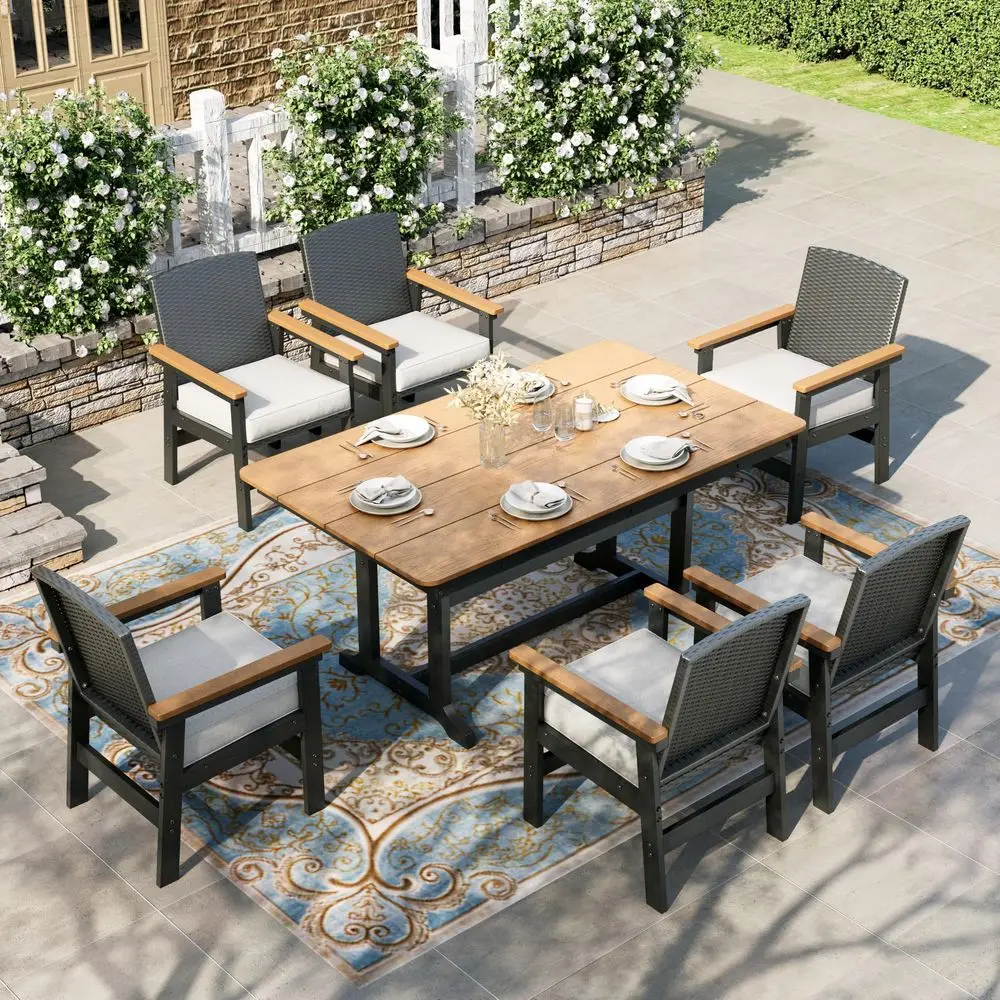 

HOUSE Patio Table and Chairs Set 7Piece, HDPE Outdoor Dining Furniture Set with Cushions, AllWeather Wood Grain Table amp Wicke