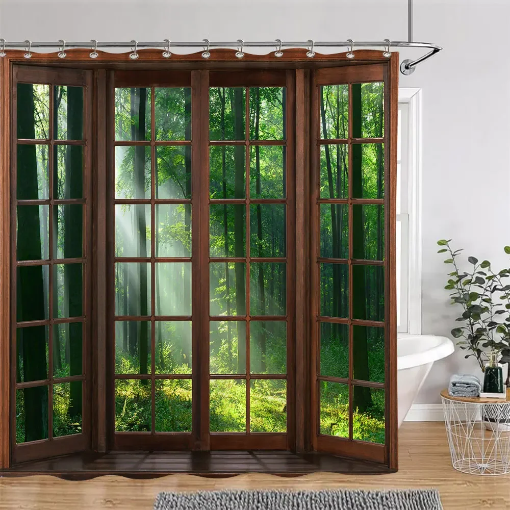 

Солнце, зеленый лес, коричневый, оконные занавески для душа, деревья, растения, природный пейзаж, полиэстер, комплект занавесок для ванной комнаты, декор с крючками