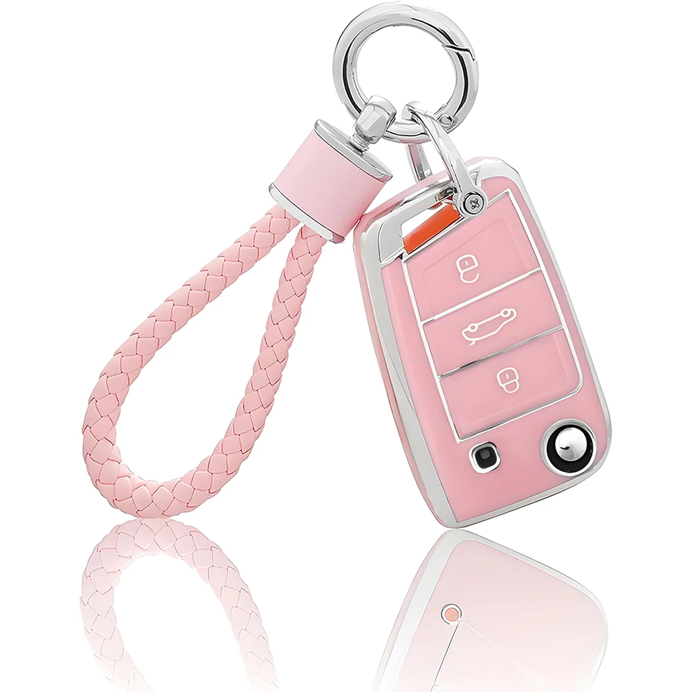 Fashion Pink for Volkswagen VW Polo Golf 7 Passat Tiguan MK2 Beetle Ateca Caddy T5 Flip Folding Car Key Case Cover Accessories