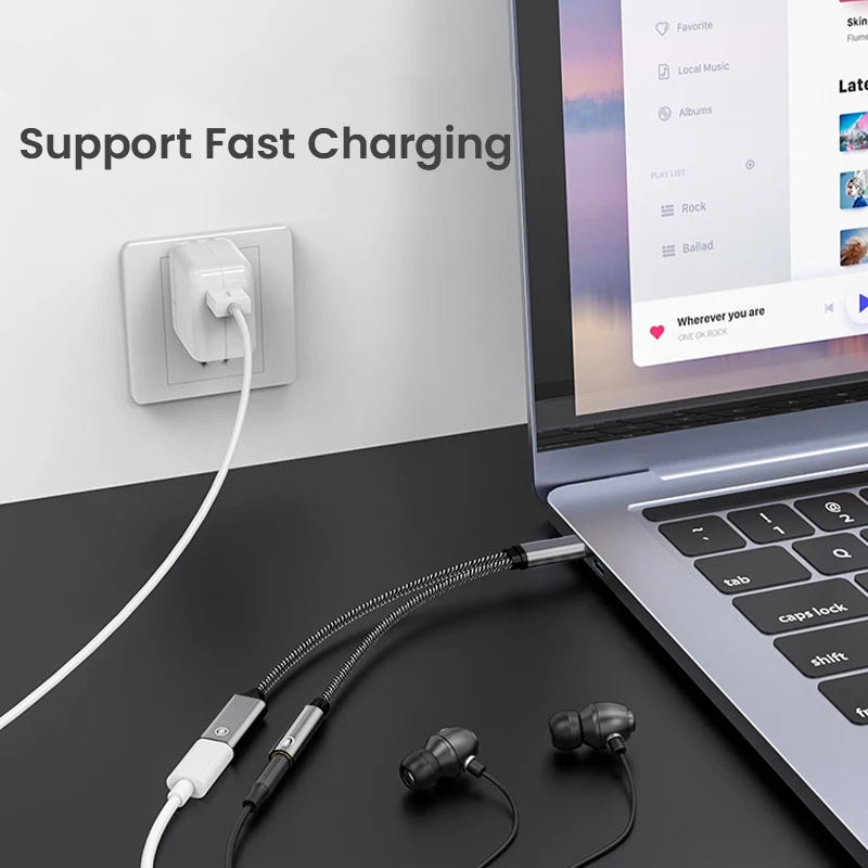 OTG 2 IN 1 Tipe USB C Ke 3.5Mm Jack AUX Audio Headphone Adaptor Pengisi Daya Cepat 60W untuk Samsung iPhone 15 Huawei Xiaomi Tablet iPad