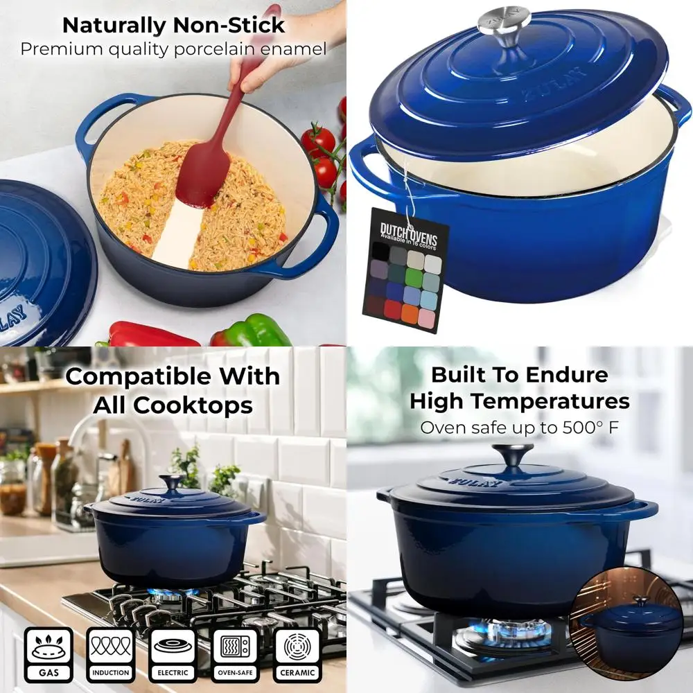 

Чугунная эмалированная кастрюля-казан, 7,7 кварт, для использования в духовке до 500 градусов ° Идеально подходит для выпечки, тушения, запекания - синий