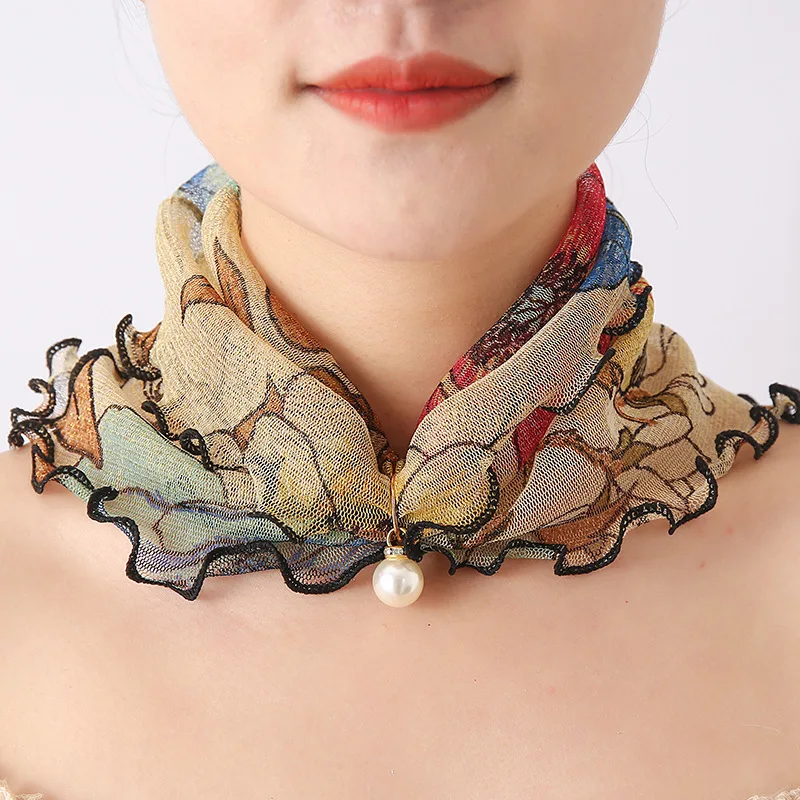 Fashion Printed Gauze Scarf Pearl Pendant Scarf Spring Lightweight Muffler Women Decorative Small Silk Scarf Headband