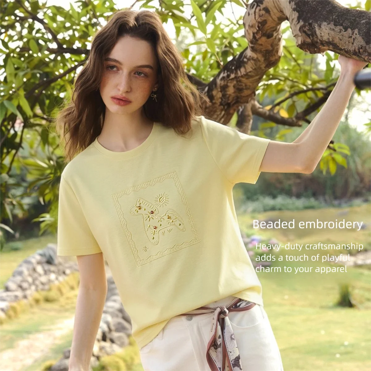 OLrain Commuter Crew Neck Short Sleeve T-shirt 2026 Summer Beaded Embroidery Lace Panel Loose Top Women Clothing O58XT006128