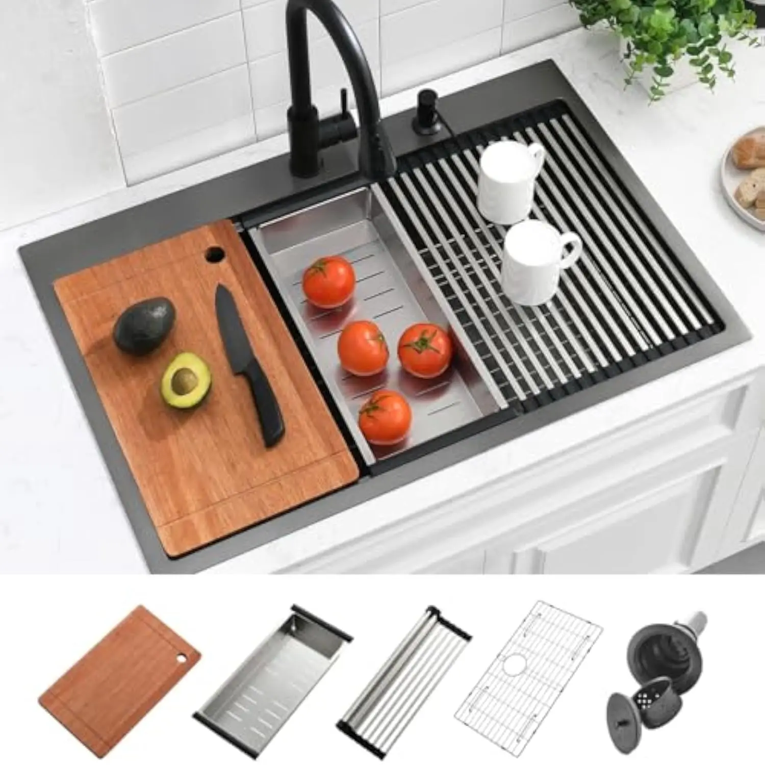 

33X22 Black Drop in Kitchen Sink, 33 Inch 16-Gauge Black Stainless Steel Kitchen Sink, 33X22X9 Inch Drop in Workstation Single