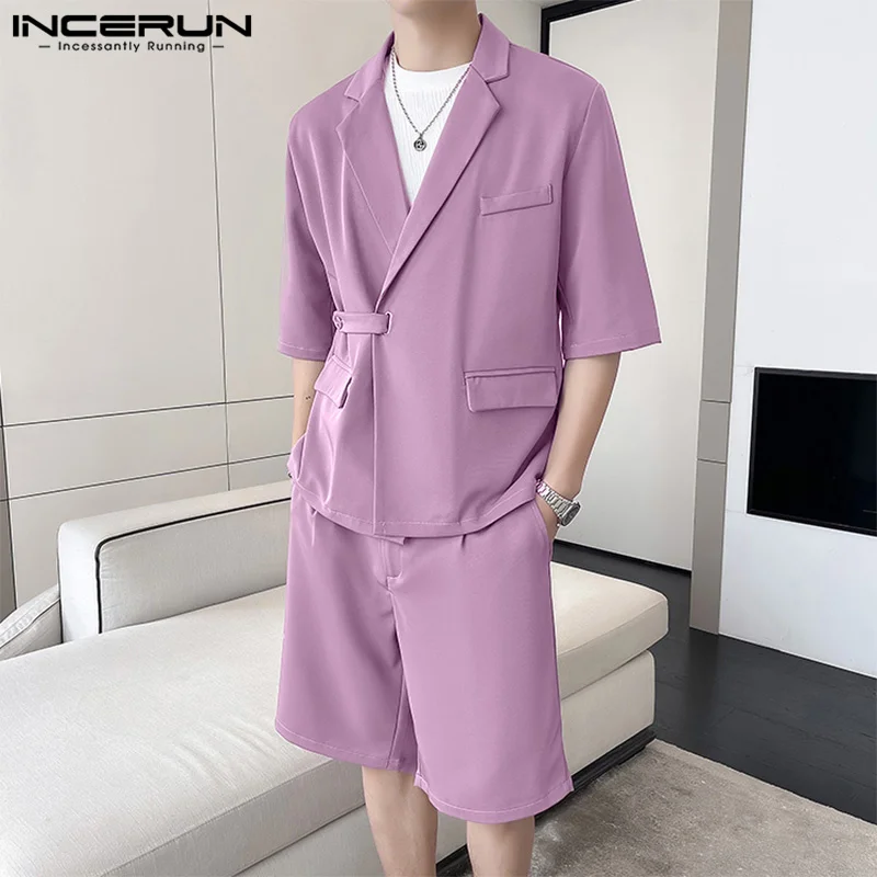 Summer Men Clothing 2024 INCERUN Men's Sets Fashion Party Casual Tops 2PCS Suits Solid Blazer Suit Oversized Half Sleeve Shorts