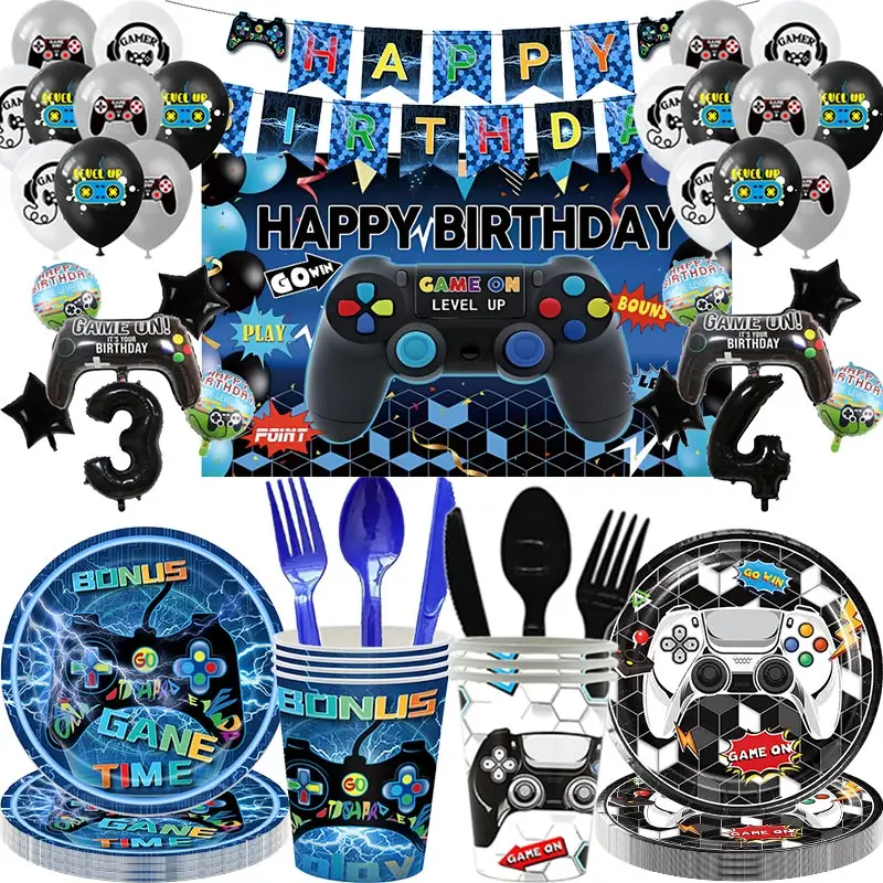 Décorations d'anniversaire pour jeux vidéo, ballons, manette de jeu, fête à thème, arrière-plan pour garçon, assiettes, tasses, sacs cadeaux, support à gâteaux, jouets anti-Stress