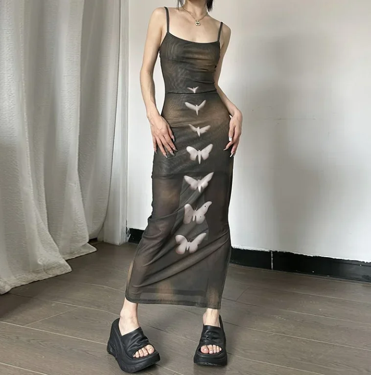 섹시한 여성 드레스 레트로 나비 프린트 캐미솔 드레스 여성용 더블 레이어 메쉬 섹시한 반투명 틈새 바디콘 드레스