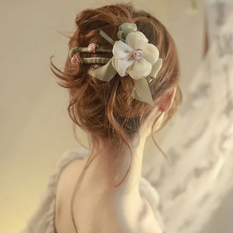 

New Floral Large Barrettes Women Elegant Chiffon Ribbon Hair Grab Summer Green Updo Hairclip Fashion Hair Accessories Headdress