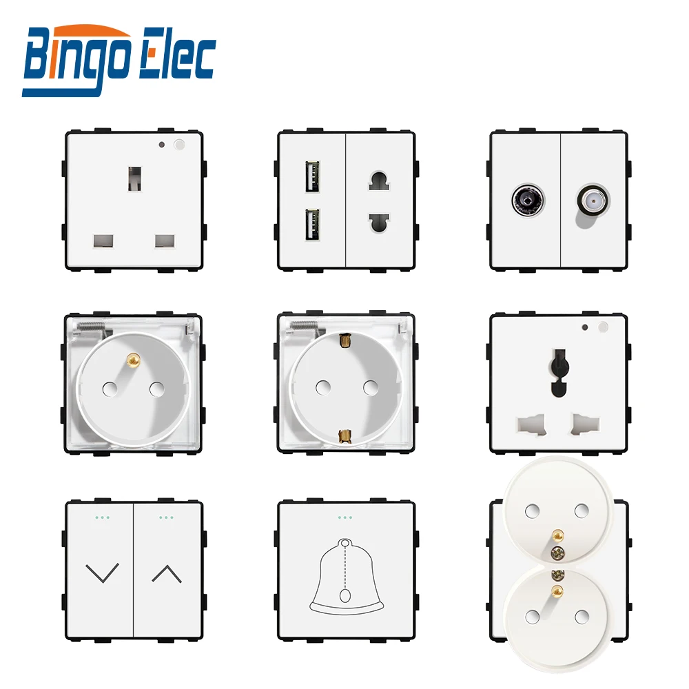 Bingoelec White Crystal Tempered Glass Panel Light switch eu french wall socket usb tv rj45 satellite Sensor switch Module DIY