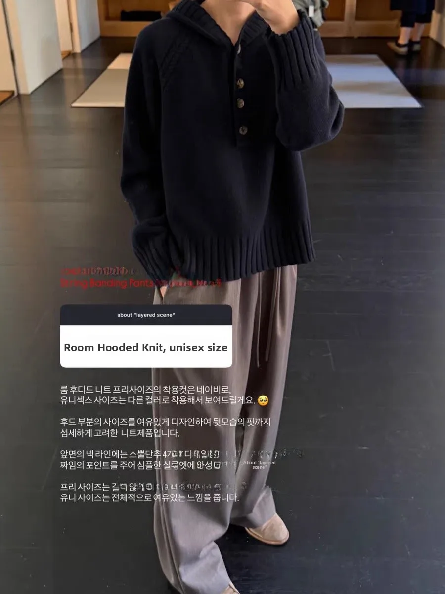 Felpa con cappuccio lavorata a maglia ampia da donna Design semplice con bottoni Sle Top sopra la testa Dongdaemun Colletto Henry Faion coreano