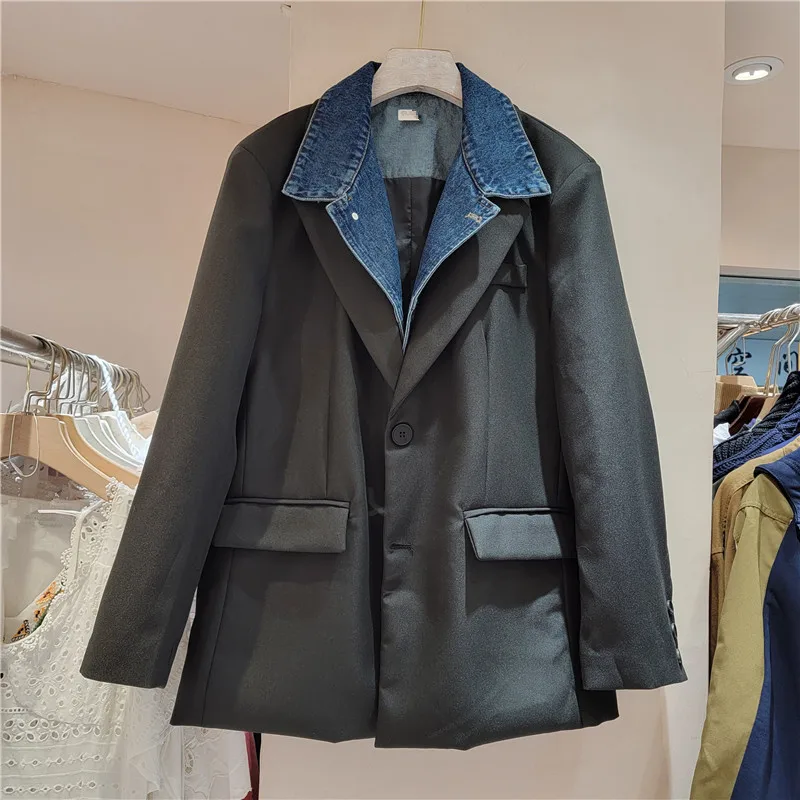 

SuperAen High End Black Jacket for Women Spring and Autumn 2024 New Fashion Denim Patchwork Casual Blazer