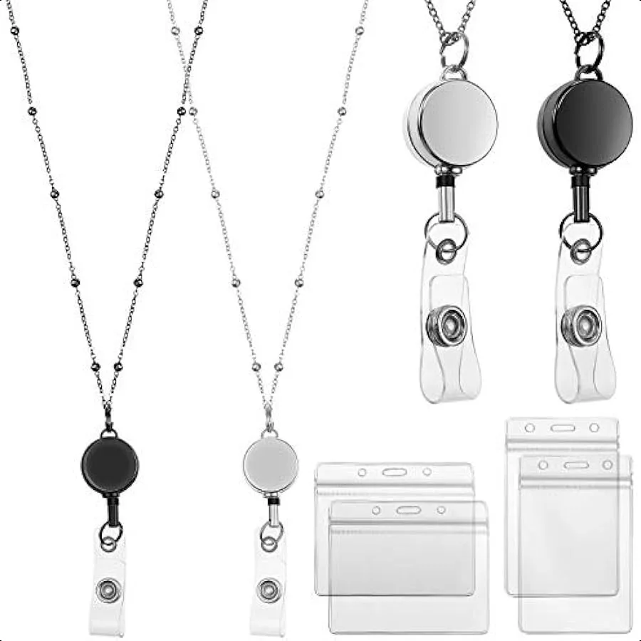 

2 Pieces Badge Lanyard with ID Holders Stainless Steel Badge Holders Necklace Retractable Reel Clip Chain Water Resistant Name