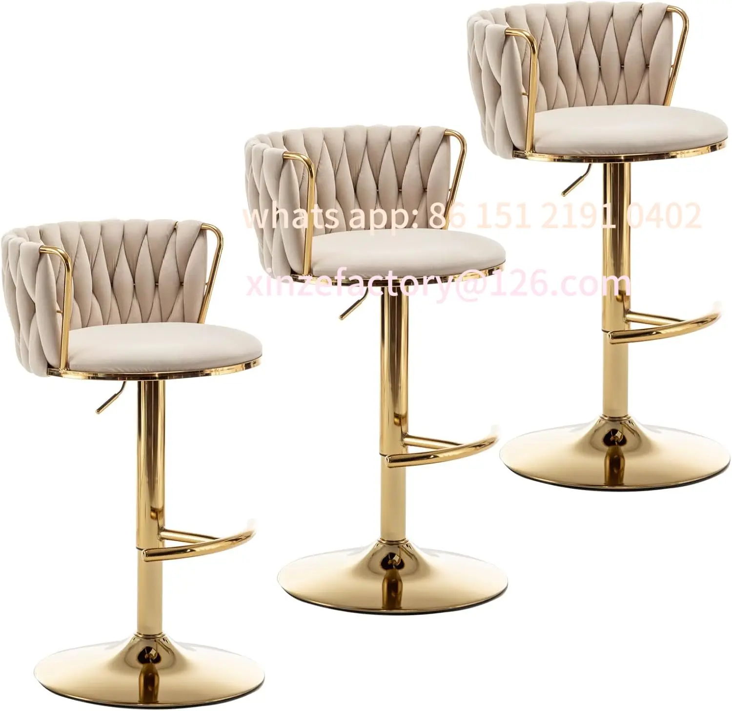 Customizable Gold Velvet Bar Stools Set of 3, Swivel Counter Height Bar Stools with Back, Adjustable Woven Barstools for Kitchen