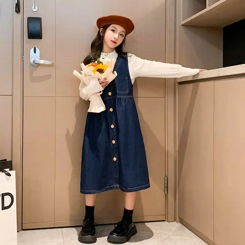 

Korean Children Girls Dress Set Autumn Round Neck Solid Color Top+Single-breasted Sleeveless Denim Dress 4-14Y Girls 2pcs Outfit