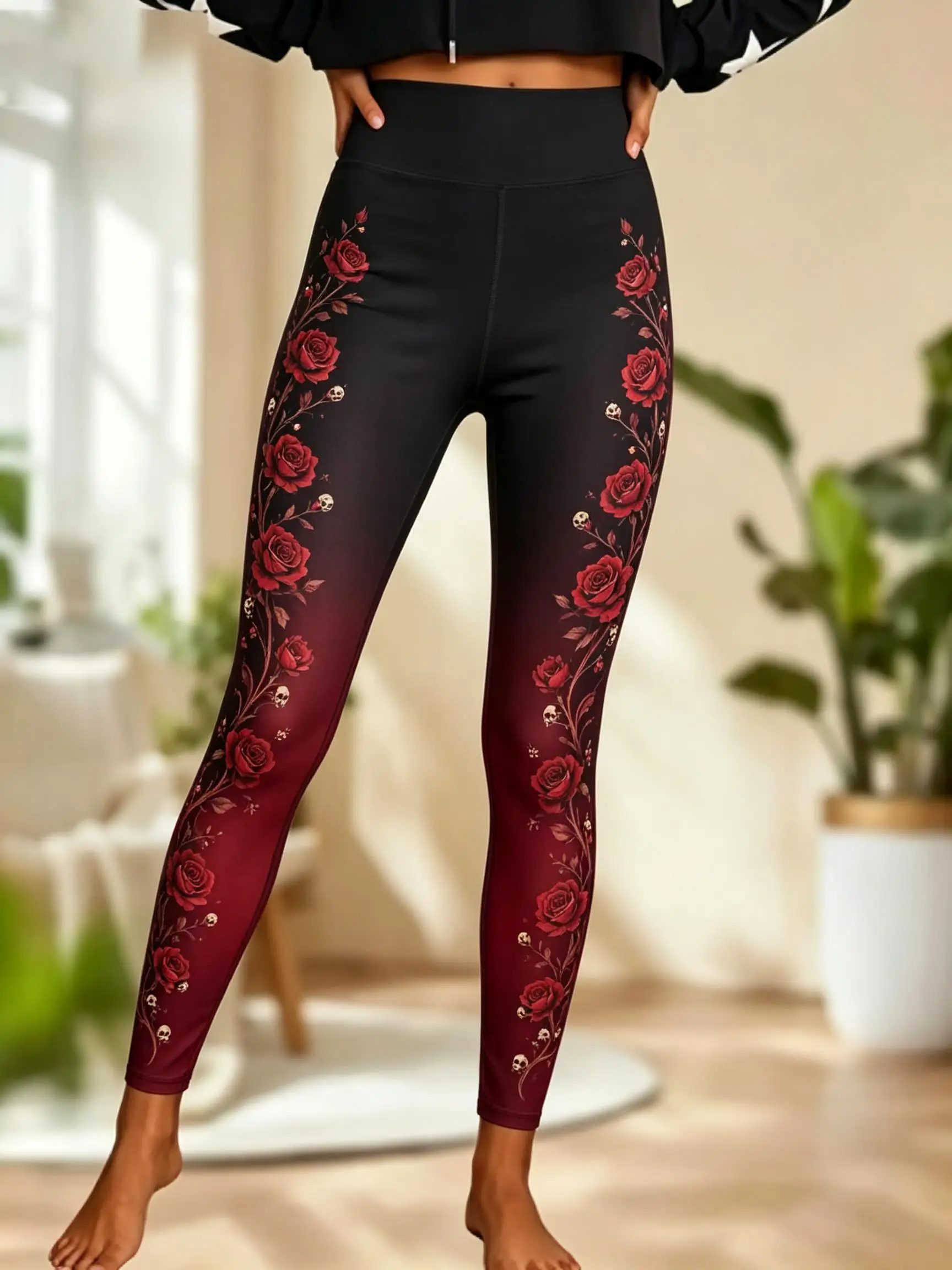 Women Fleece Mid‑Rise Leggings Gradient White Rose Floral Side Print Stretch Slim Pants