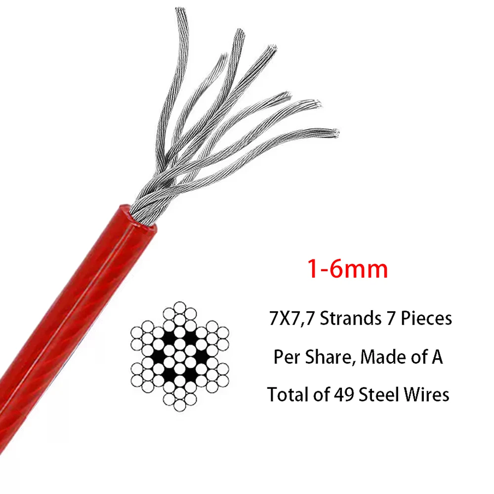 1-6mm Red PVC Steel Wire Rope 304 Stainless Steel Handling Suspension Steel Cable Rope for Guardrail Suspension Handling 5-100M
