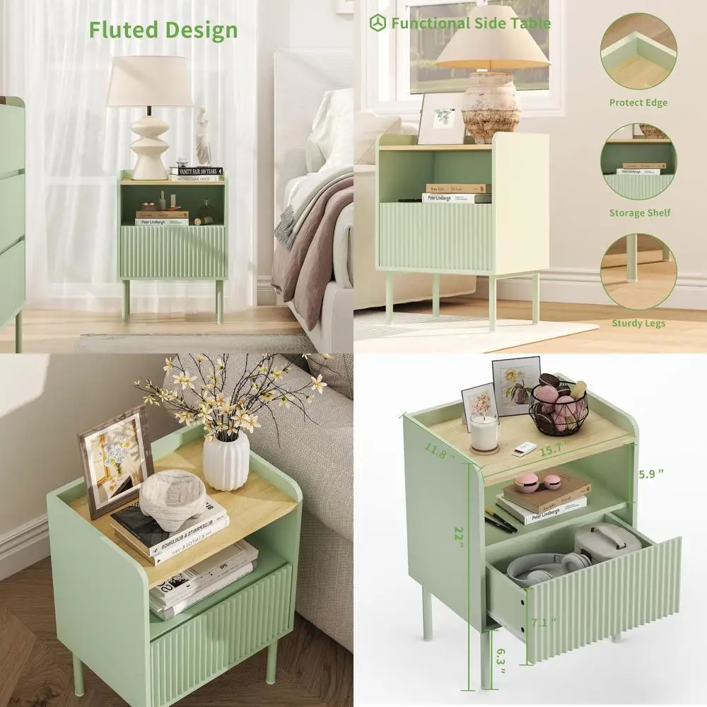 

Mid-Century Modern Nightstand with Drawers, Pale Green Accent Table for Bedroom and Living Room, Suitable for Small Spaces
