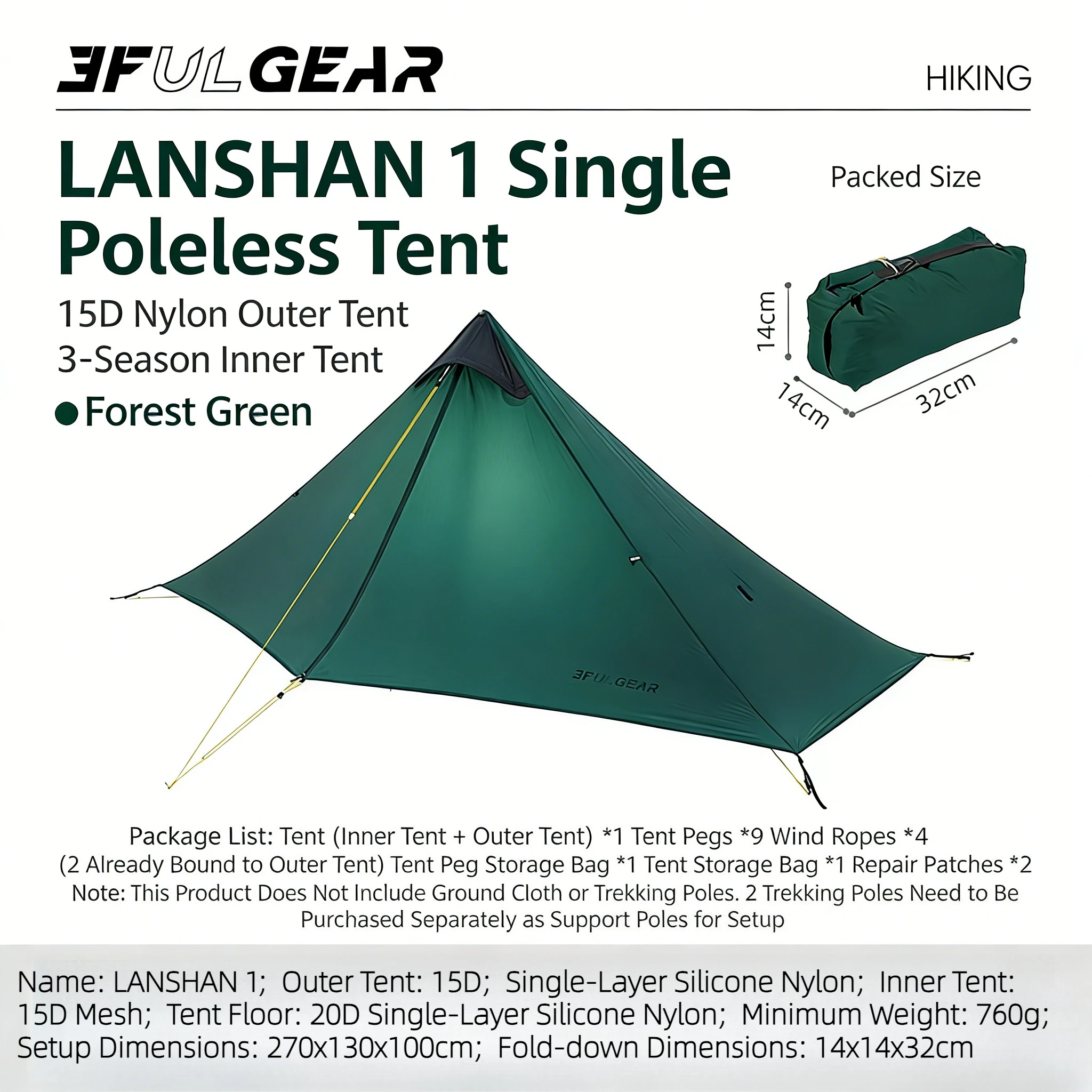 3F UL GEAR 2026 LanShan 1, ultralichte kampeertent voor buiten, 1 persoon, professionele 15D Silnylon waterdichte tent zonder stokken met ritssluiting
