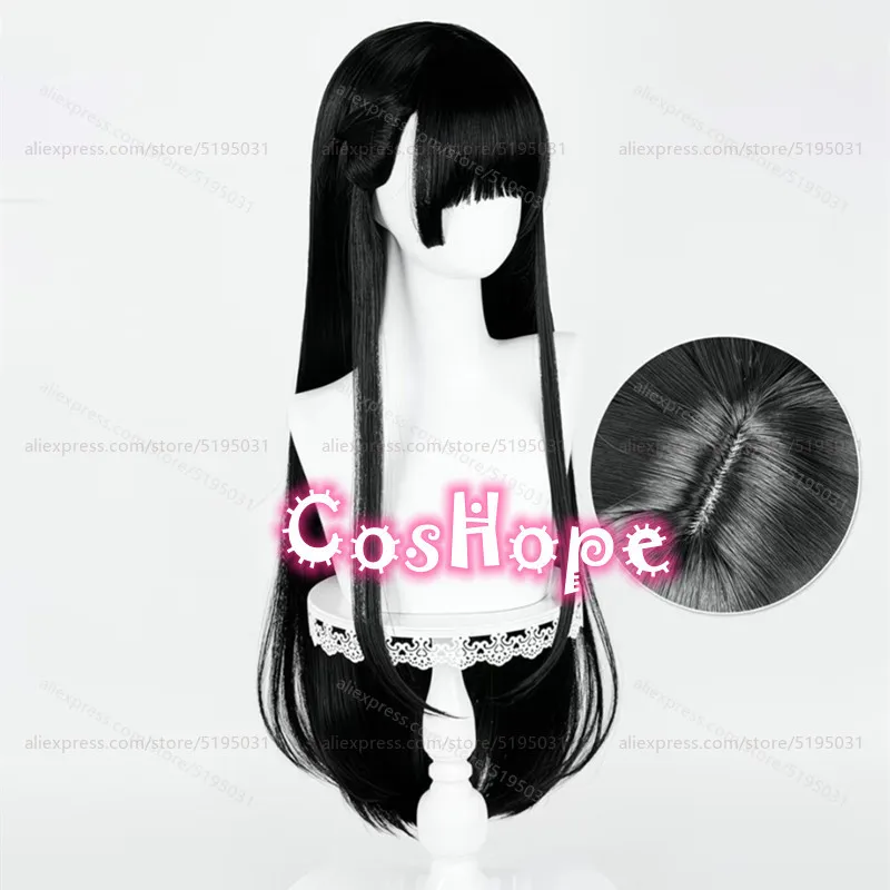 Chisa شعر مستعار تأثيري مع رباط شعر أحمر 85 سنتيمتر شعر مستعار أسود طويل أنيمي مقاومة للحرارة بيروكات صناعية لجميع القديسين كرنفال زي الحفلات