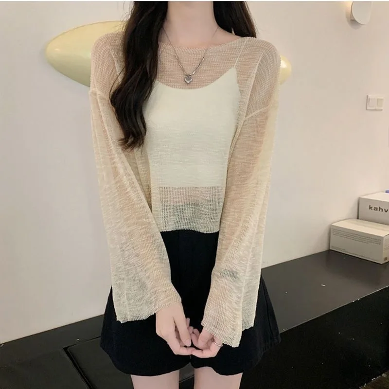 

Summer Faionable Women's Knitted Top Thin Design Loose Fit Slimming Versatile Sun Protection Cover up Long Sve round Ne
