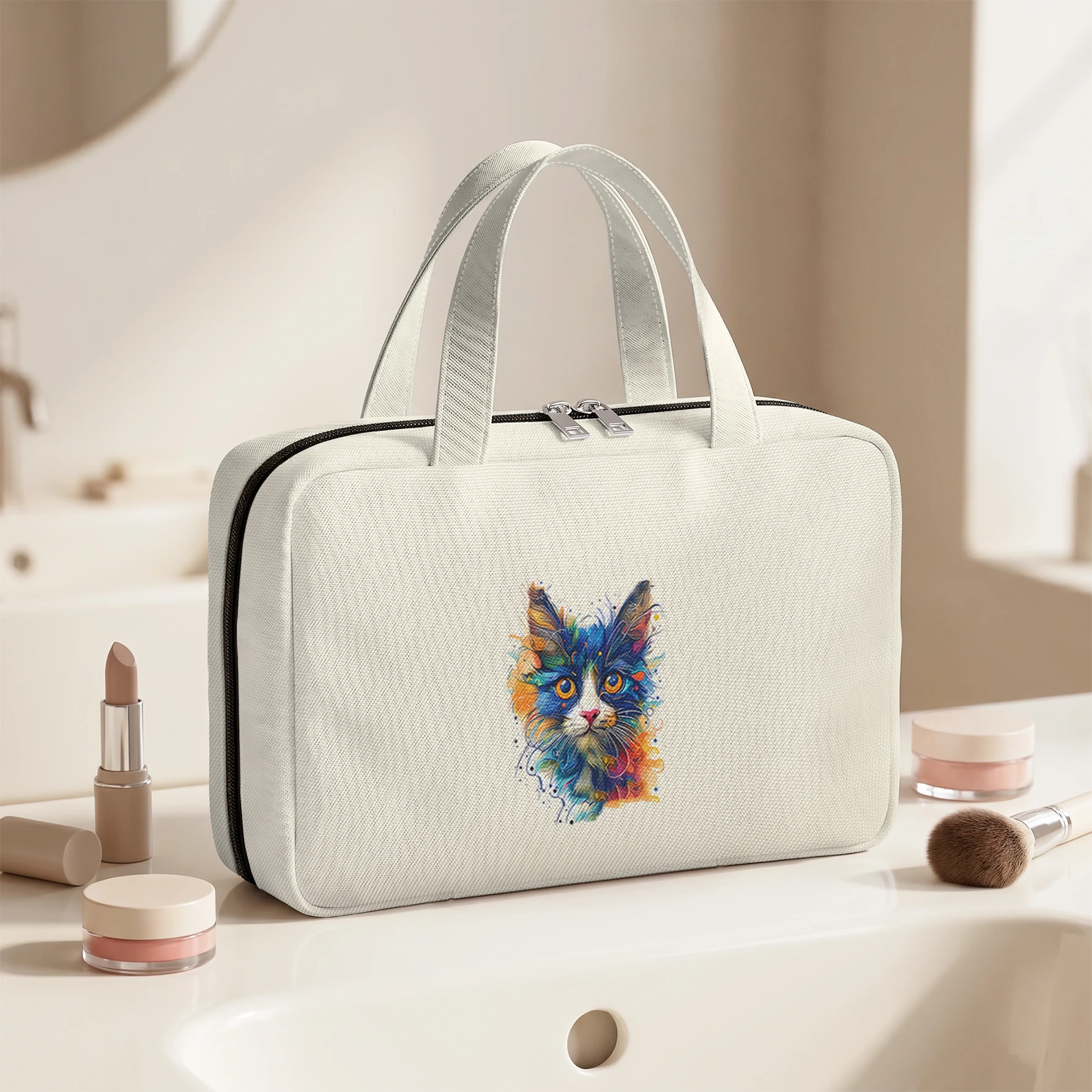 Cream Colorful Cat Print Hanging Cosmetic Bag Foldable Multi Pocket Handheld Toiletry Makeup Organizer Bag for Travel Daily Use