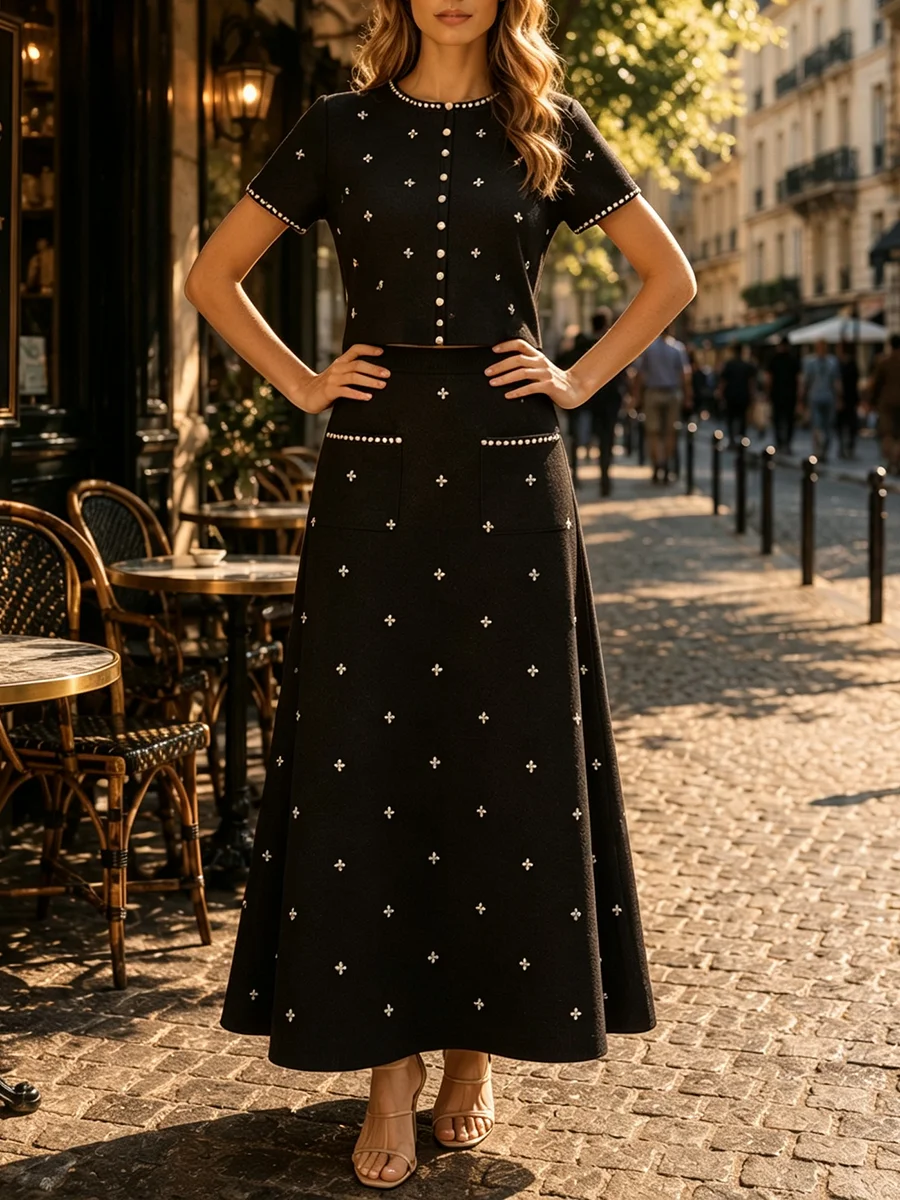 VGH Elegant Beaded Two Piece Set for Women Round Neck Short Sleeve Cropped Top A Line Maxi Skirt for Office Daily Party Suit
