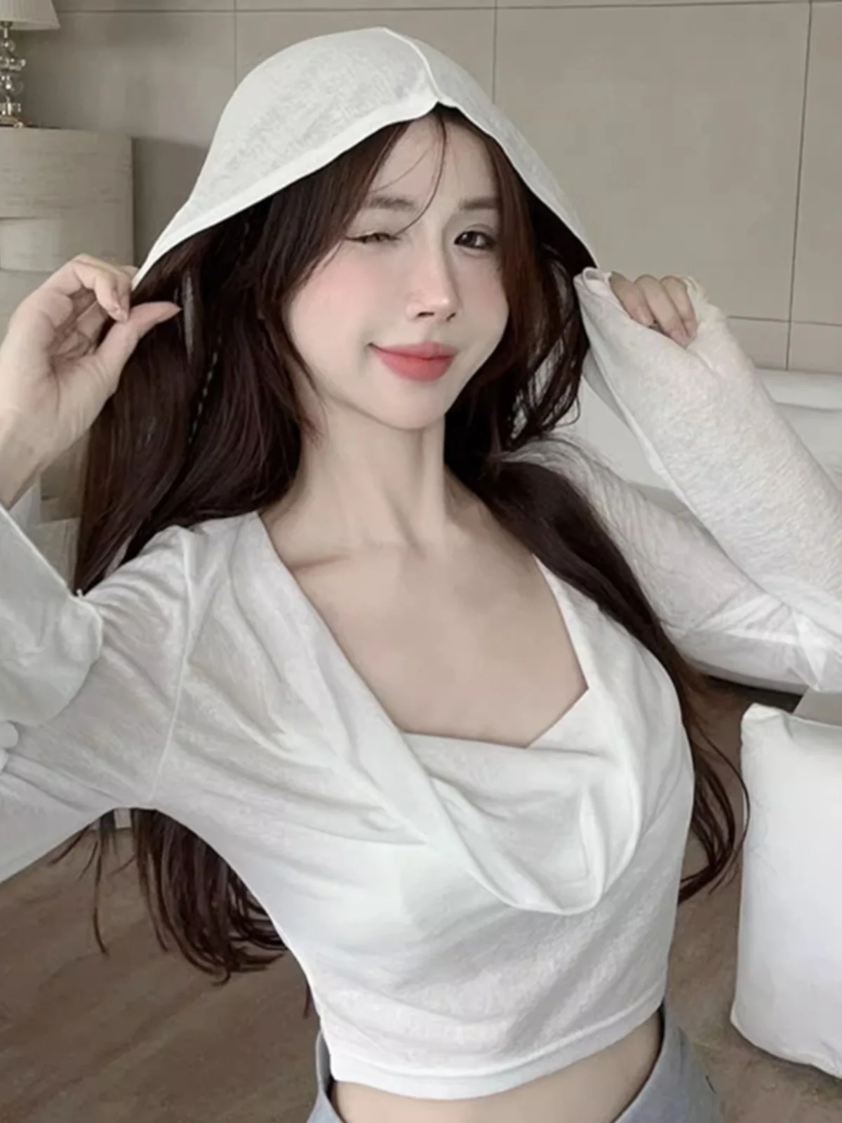 

Белая солнцезащитная футболка с длинным рукавом для женщин, летняя, тонкая, универсальная, укороченная, с открытым животом