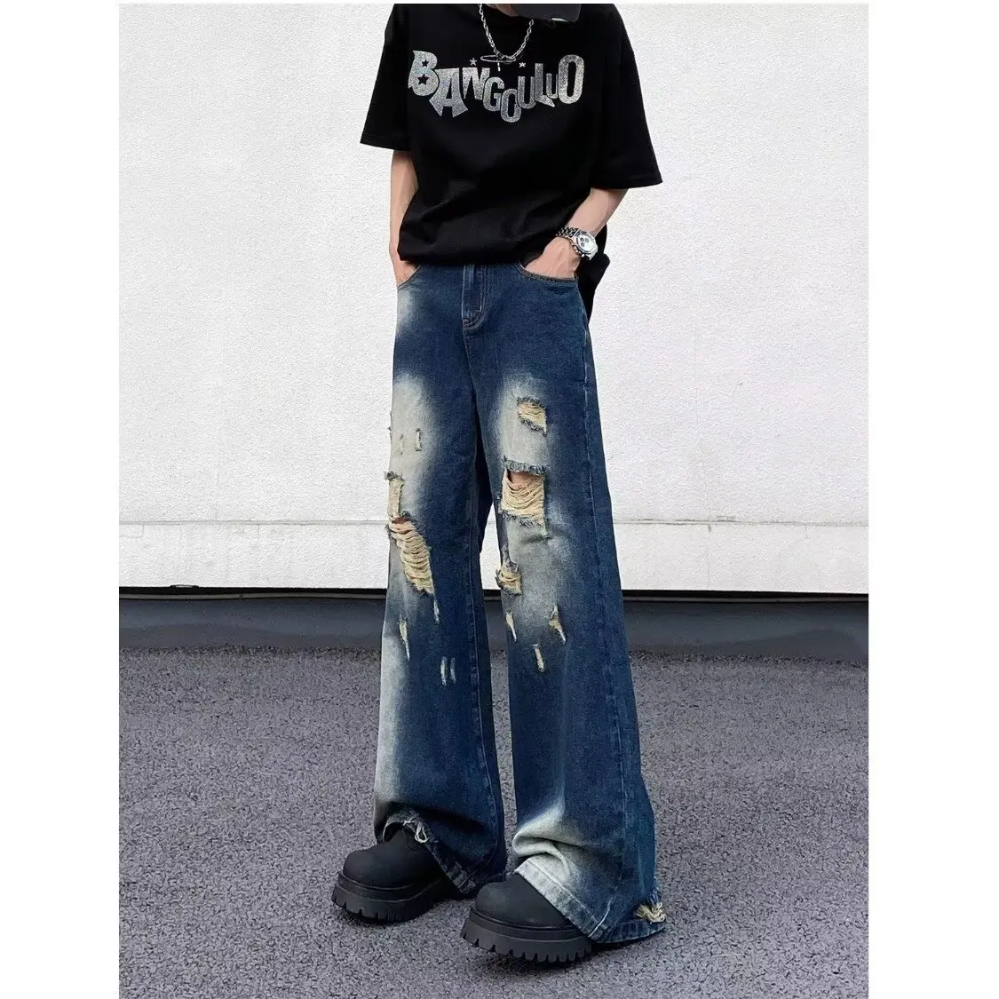 

﻿ Американские синие джинсы, мужские уличные джинсы с отрывными дырками, свободные прямые повседневные длинные брюки для мальчиков, универсальные длинные брюки