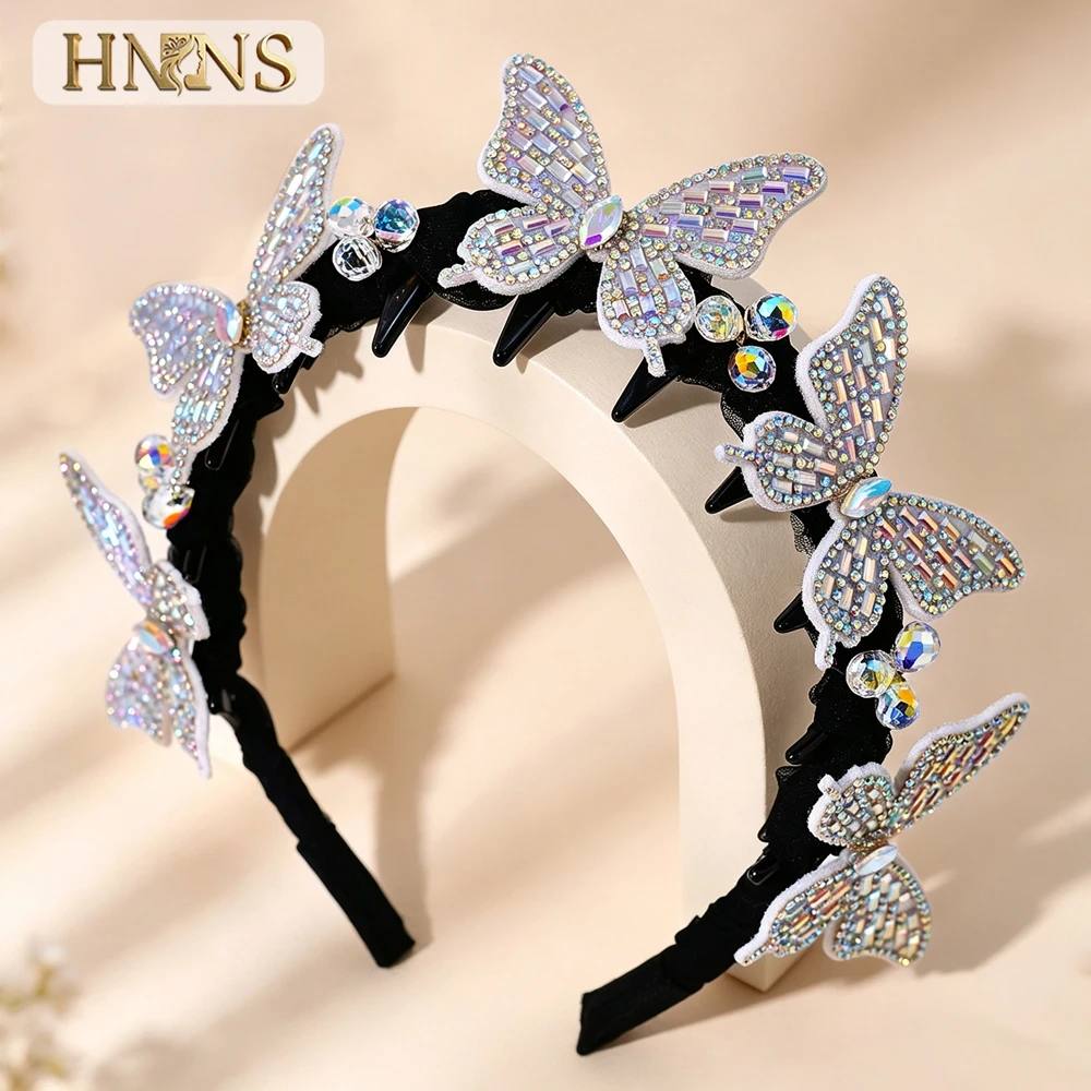 HNYYX AB Rhinestone Butterfly Bridal Headband Non‑slip Teeth Hair Hoop Sparkly Crystal Hairpiece for Women Wedding Bride A447