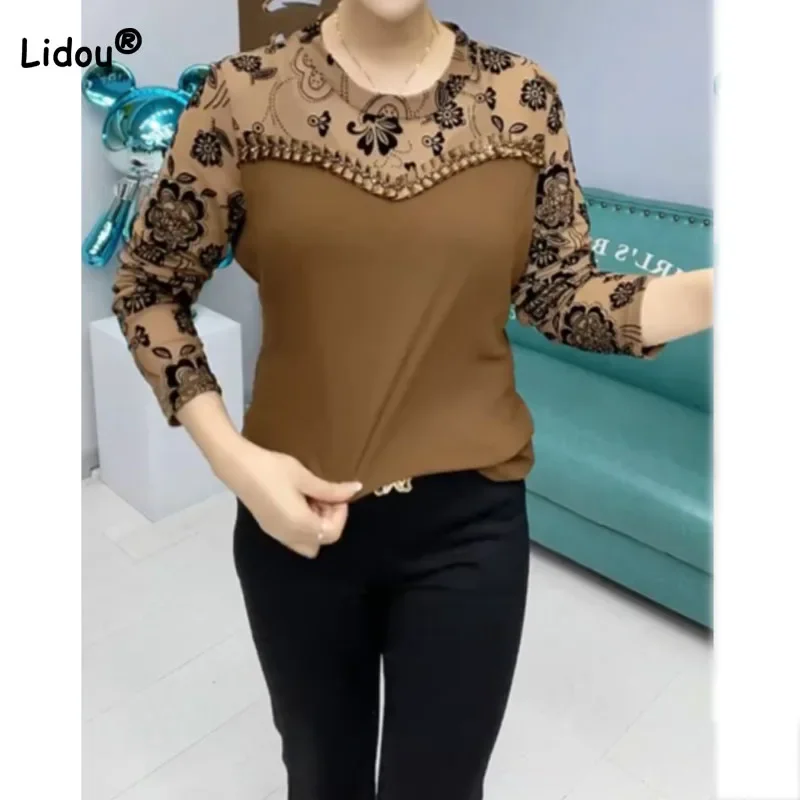 Fashion Vintage Mesh Spliced Round Neck Tops Autumn Women\'s Clothing Casual All-match Printed Long Sleeve T-shirt for Female