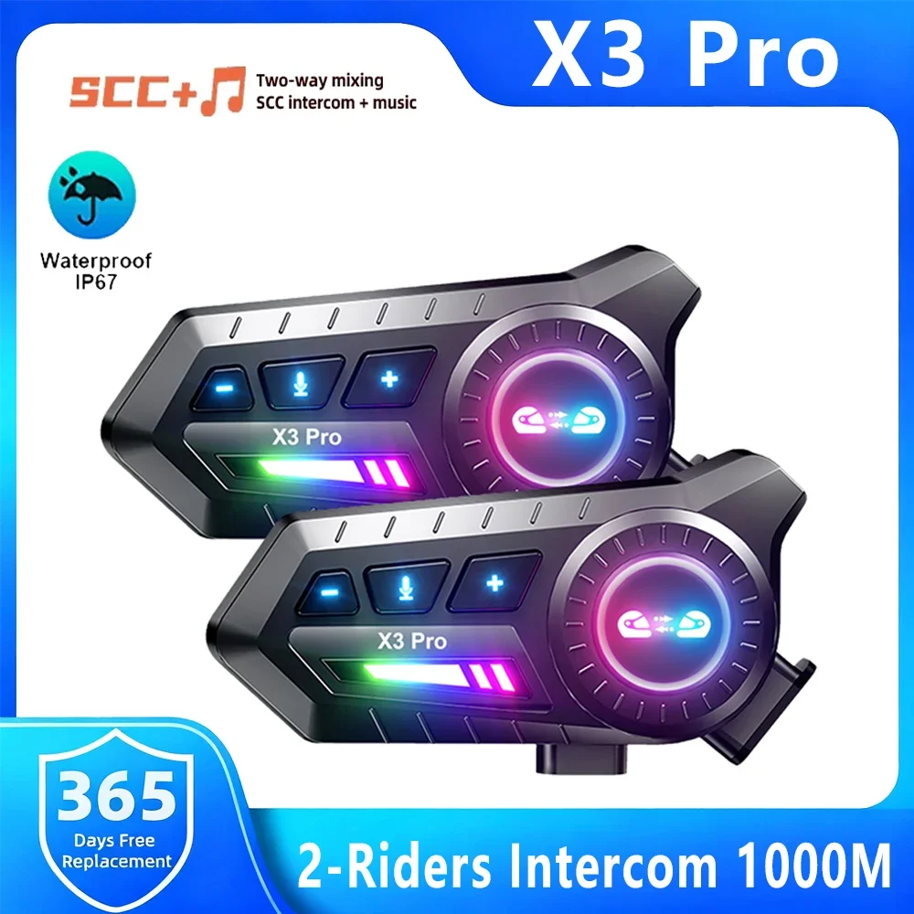 

Мотоциклетная Bluetooth-гарнитура X3 Pro с функцией интеркома для 2 райдеров, 1000 мАч, FM-радио, шумоподавление, обмен музыкой, водонепроницаемость IPX6