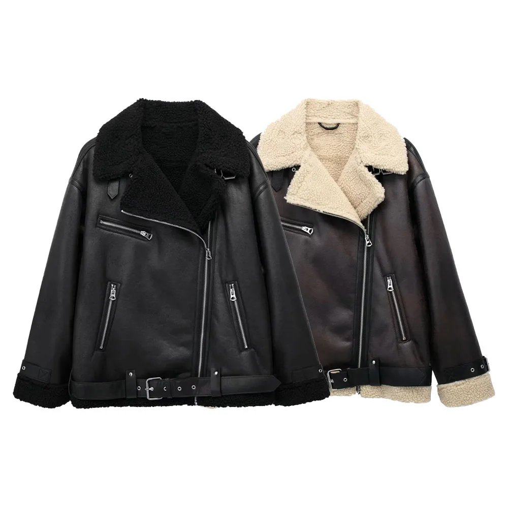 TRAF Autumn new women\'s fashionable fur one-piece thickened warm jacket with belt and double-sided jacket jacket