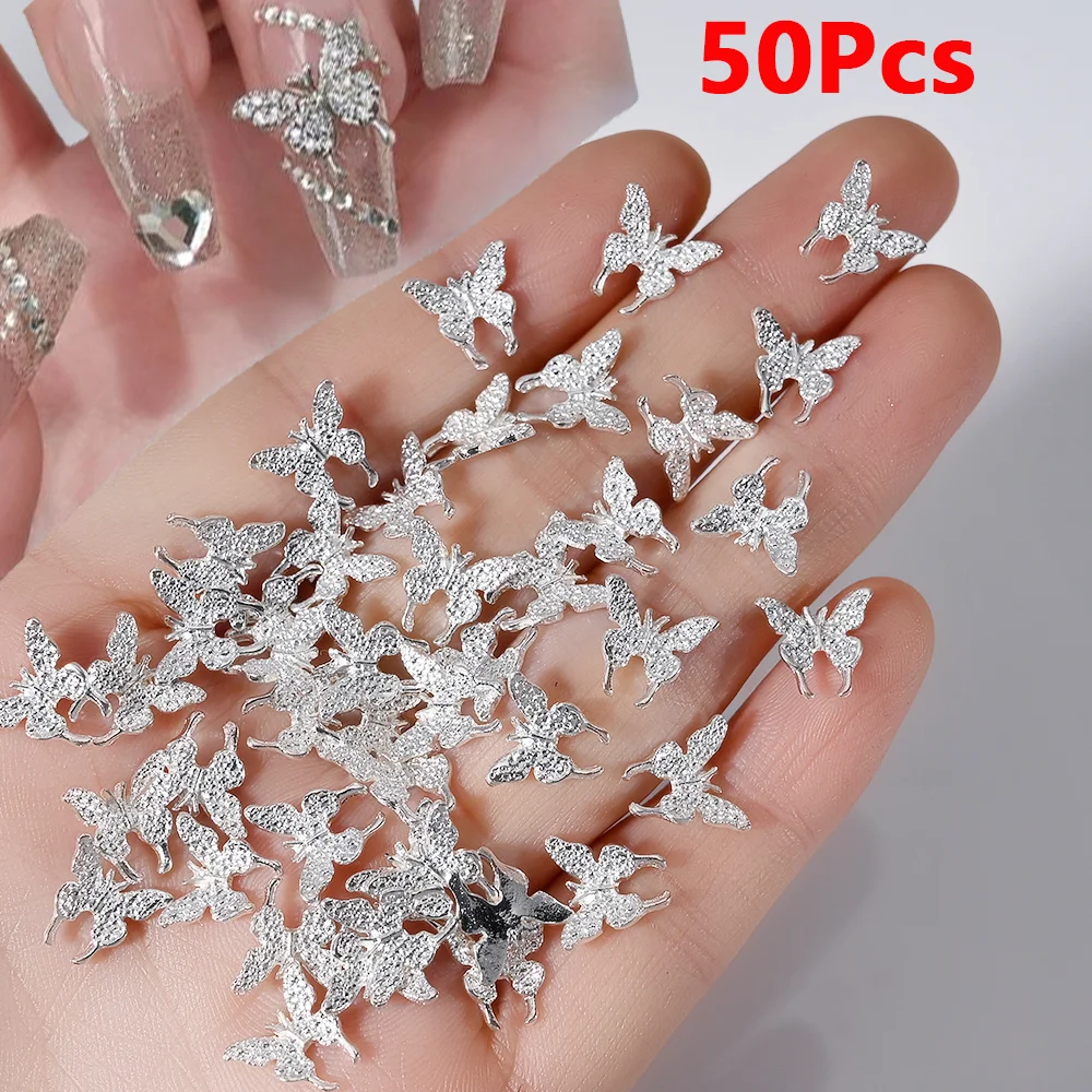 50Pcs Gold/Silver Alloy Bowknot 3D Nail Art Charms With Diamond Ribbon/Bow Nails Rhinestones Luxury Butterfly DIY Manicure Decor
