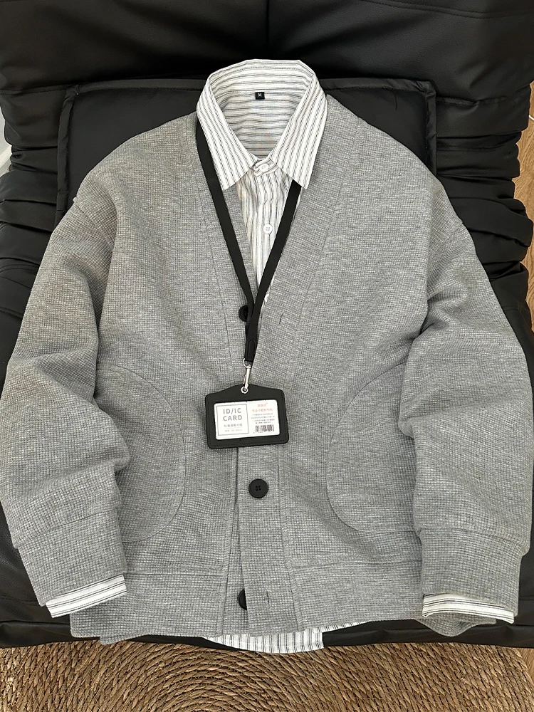 

Мужская толстовка American Retro Waffle с V-образным вырезом, куртка CleanFit, осенне-весенняя сезонная одежда в стиле Lazy Sle