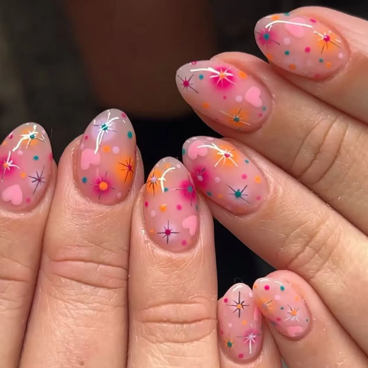 24PCS short almond Press On Nail Art Inspiration Low Saturation Base Color Childish Star Love design Sweet Cute False Nails 일본네일