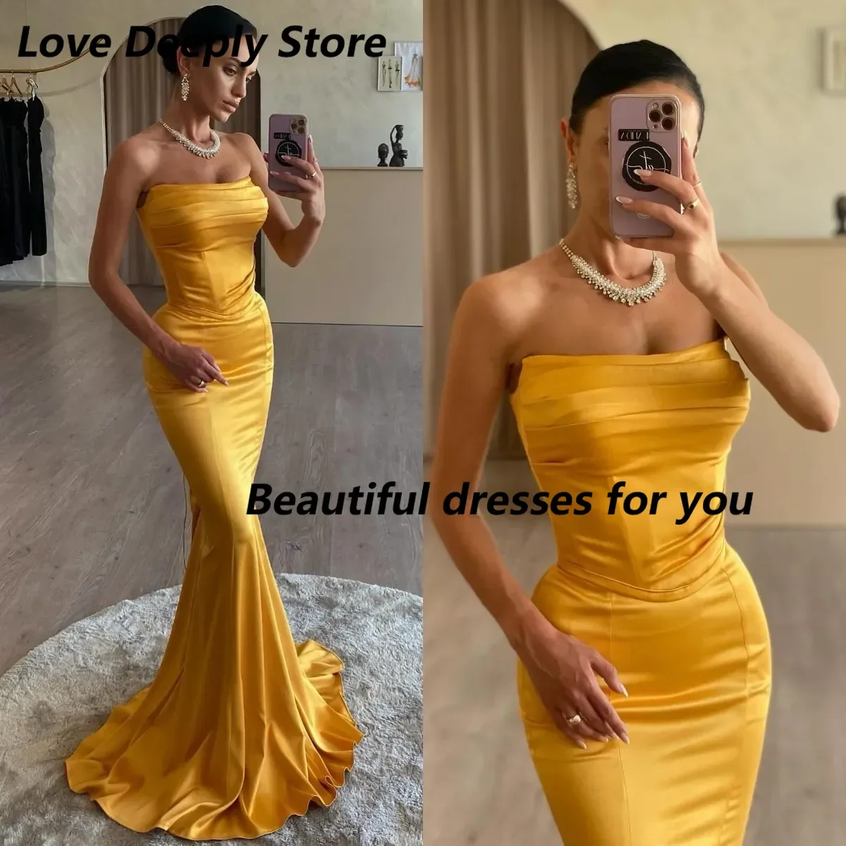 Personalizado sexy amarelo sereia vestido de baile plissados sem alças cetim vestidos de baile sem costas vestidos formais para mulher