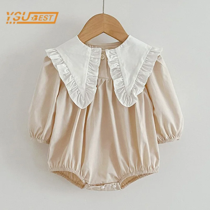 Autumn Newborn Kids Baby Girls Long Sleeve Sweet Solid Color Princess Rompers New Infant Baby Girls Rompers Clothes