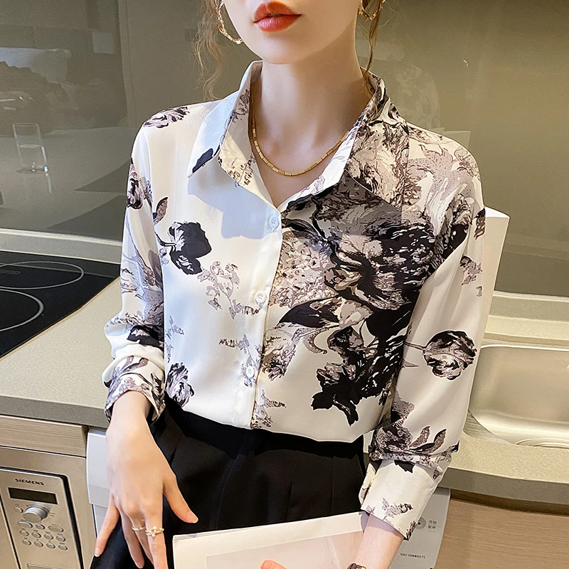 Women Spring Fashion Loose Sweet Printing Chiffon Turn-down Collar Long Sleeve Shirts Women Clothes Casual All-match Trend Tops