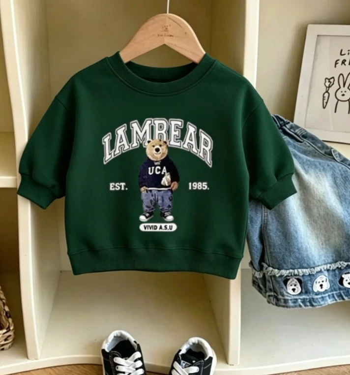 Toddler Casual Bear Crewneck Sweatshirt Kids Cute Pullover Available Green Navy Cream Pink Four Colors Options Baby Clothing Top