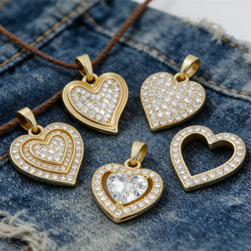 3Pcs Pendants Brass Heart Charms Inlay Zircon for DIY Jewelry Necklace Bracelet Shiny Paved Double Hollow Accessories Women Men